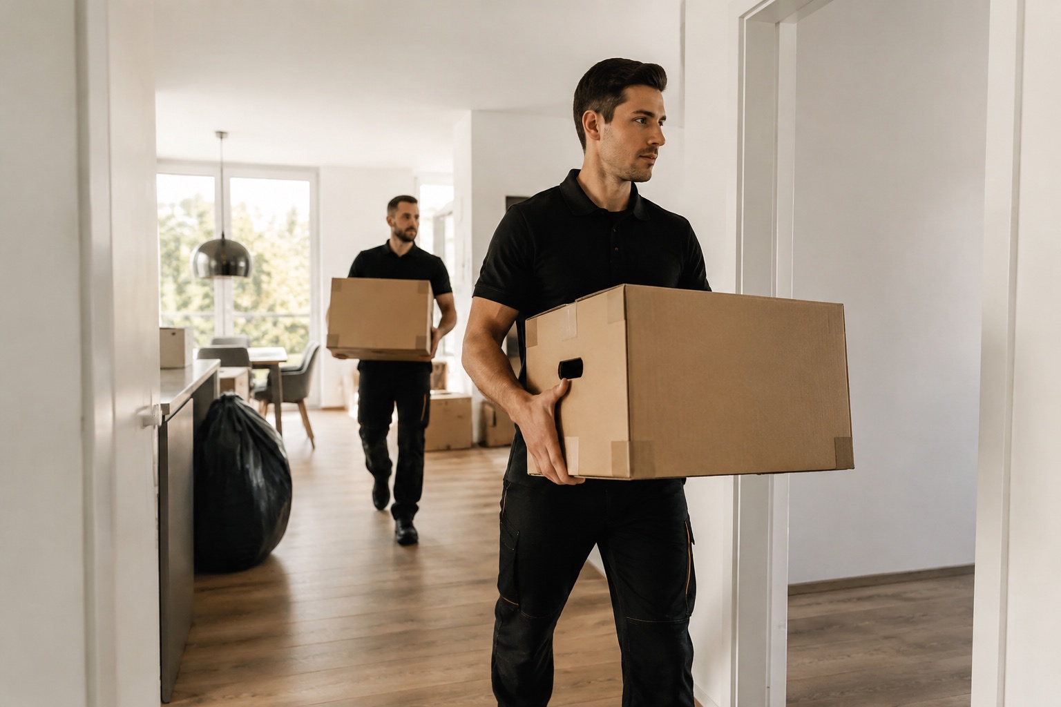 Beispielszene: Umzugshelfer tragen Kartons in ein neues Zuhause